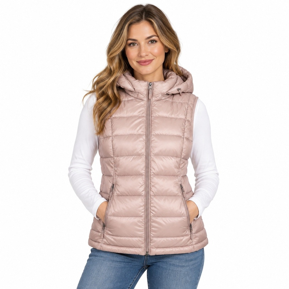 Charter Club Down Puffer Vest Women L Beige Quilted Removable Hood Packable